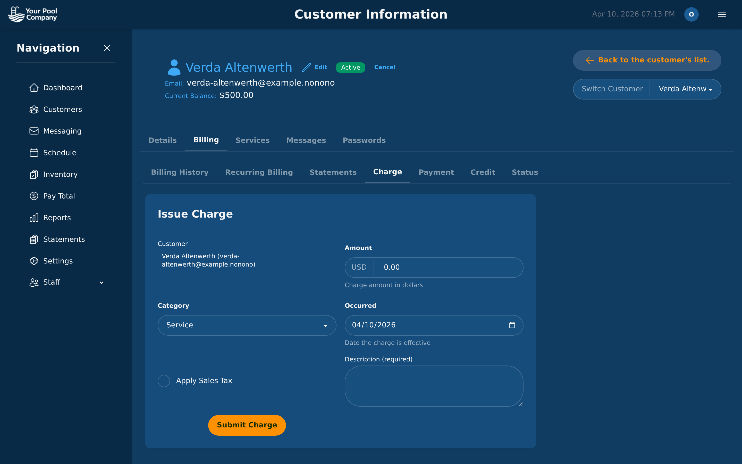 Pool Billing Software charge issuance with service category, amount, and sales tax configuration