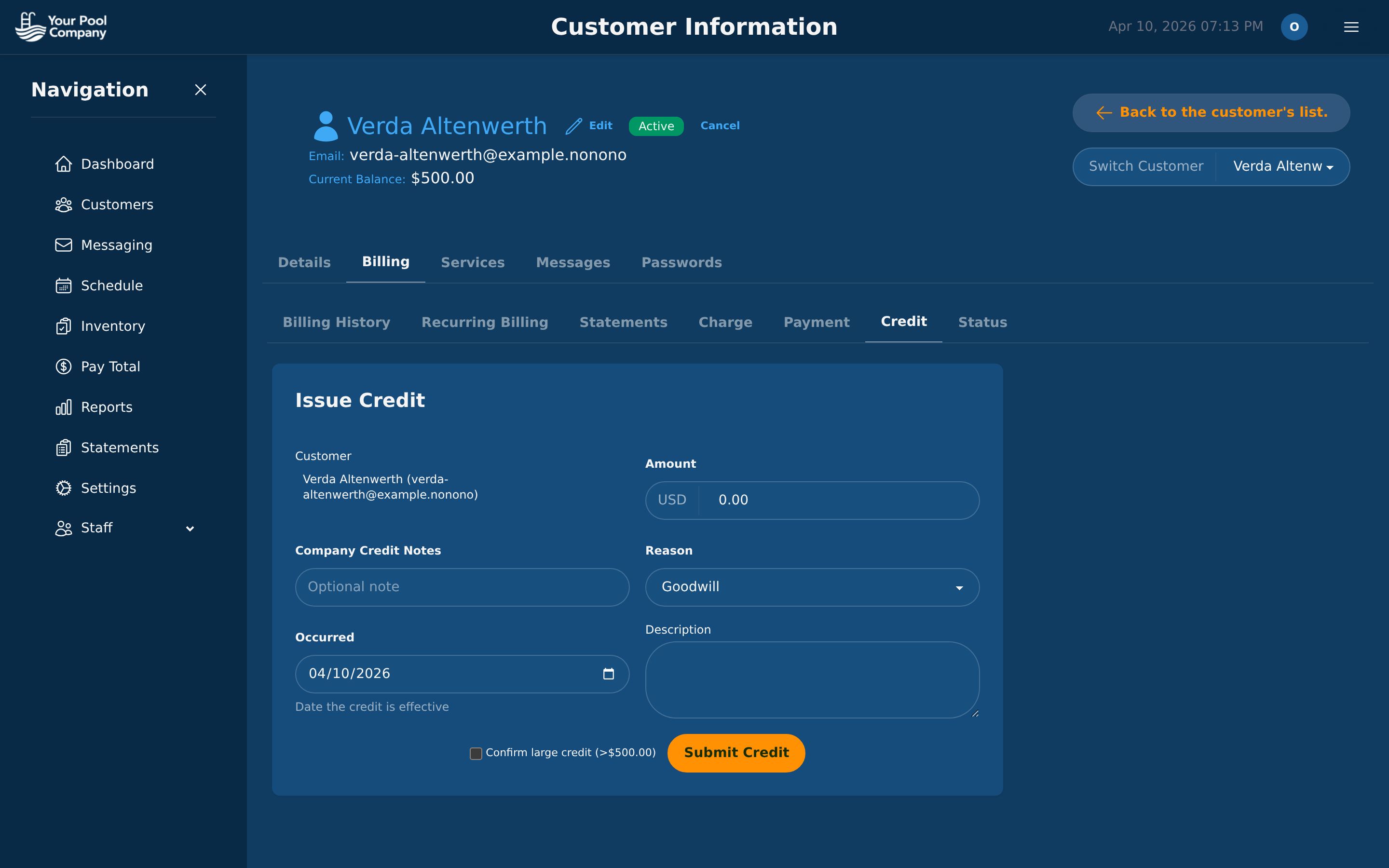 Pool Billing Software credit issuance with reason tracking and large amount confirmation