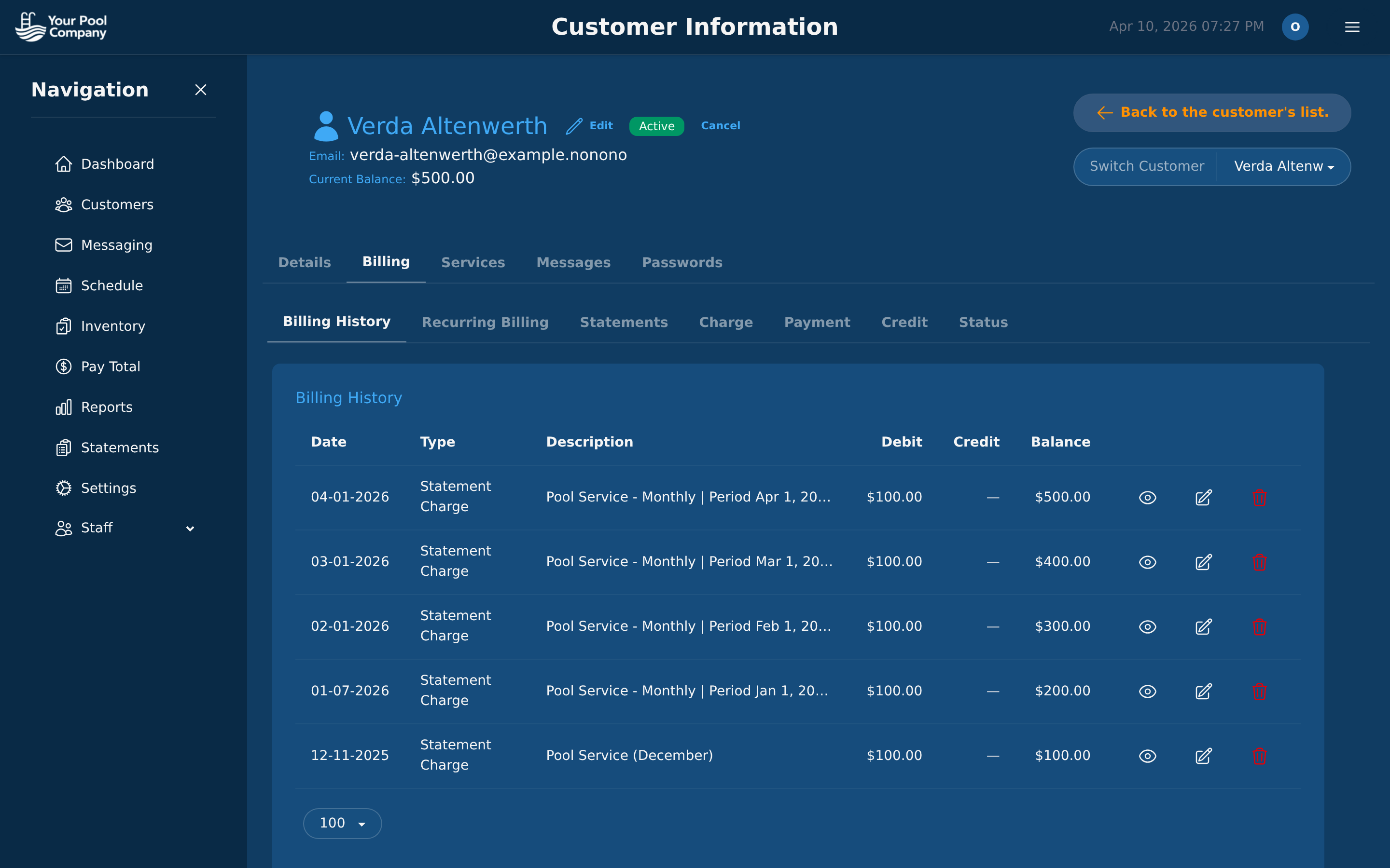 Pool Billing Software automated billing transaction ledger with charges, payments, credits, and running balance