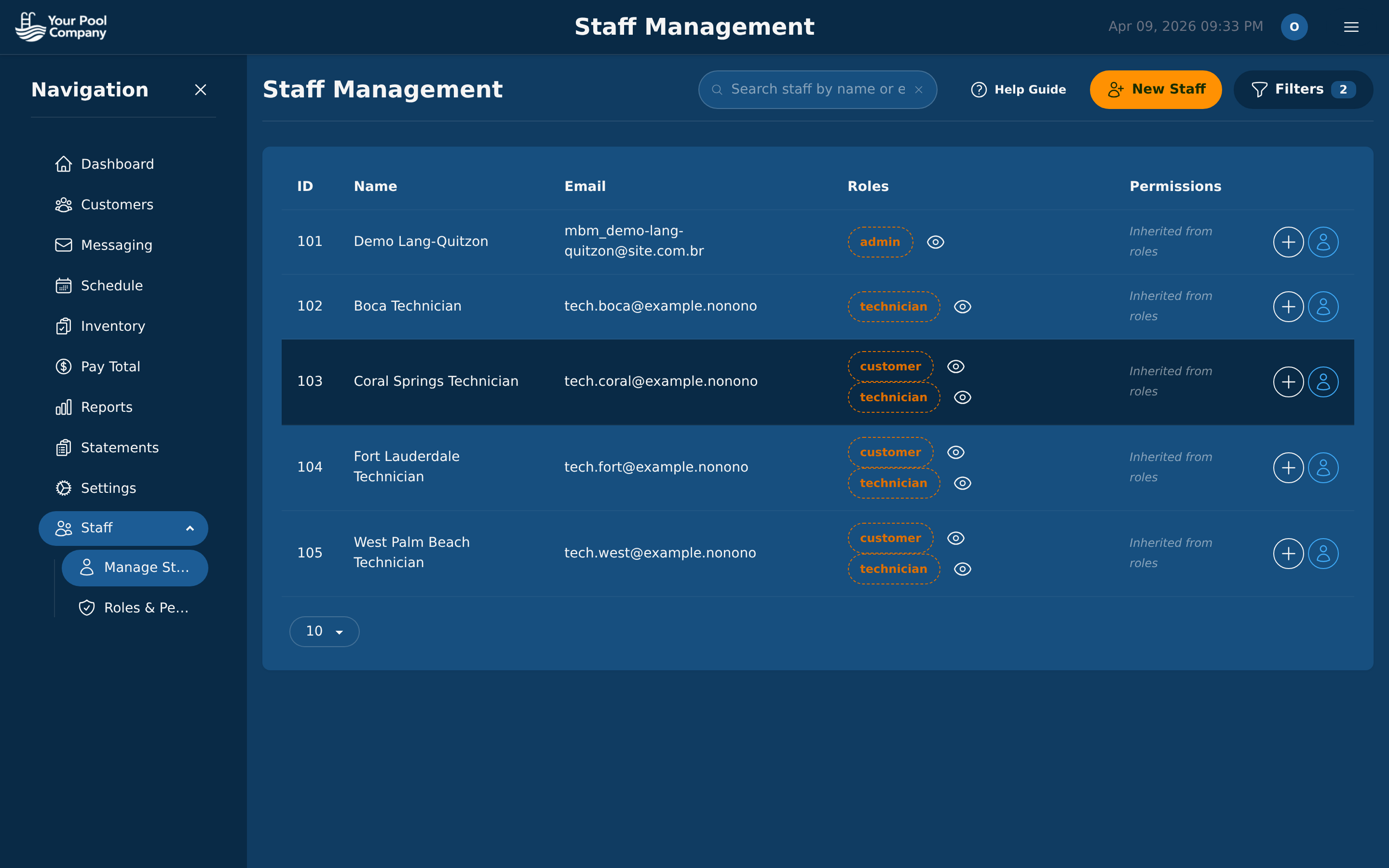 Pool Billing Software staff management panel with impersonation buttons for troubleshooting portal views