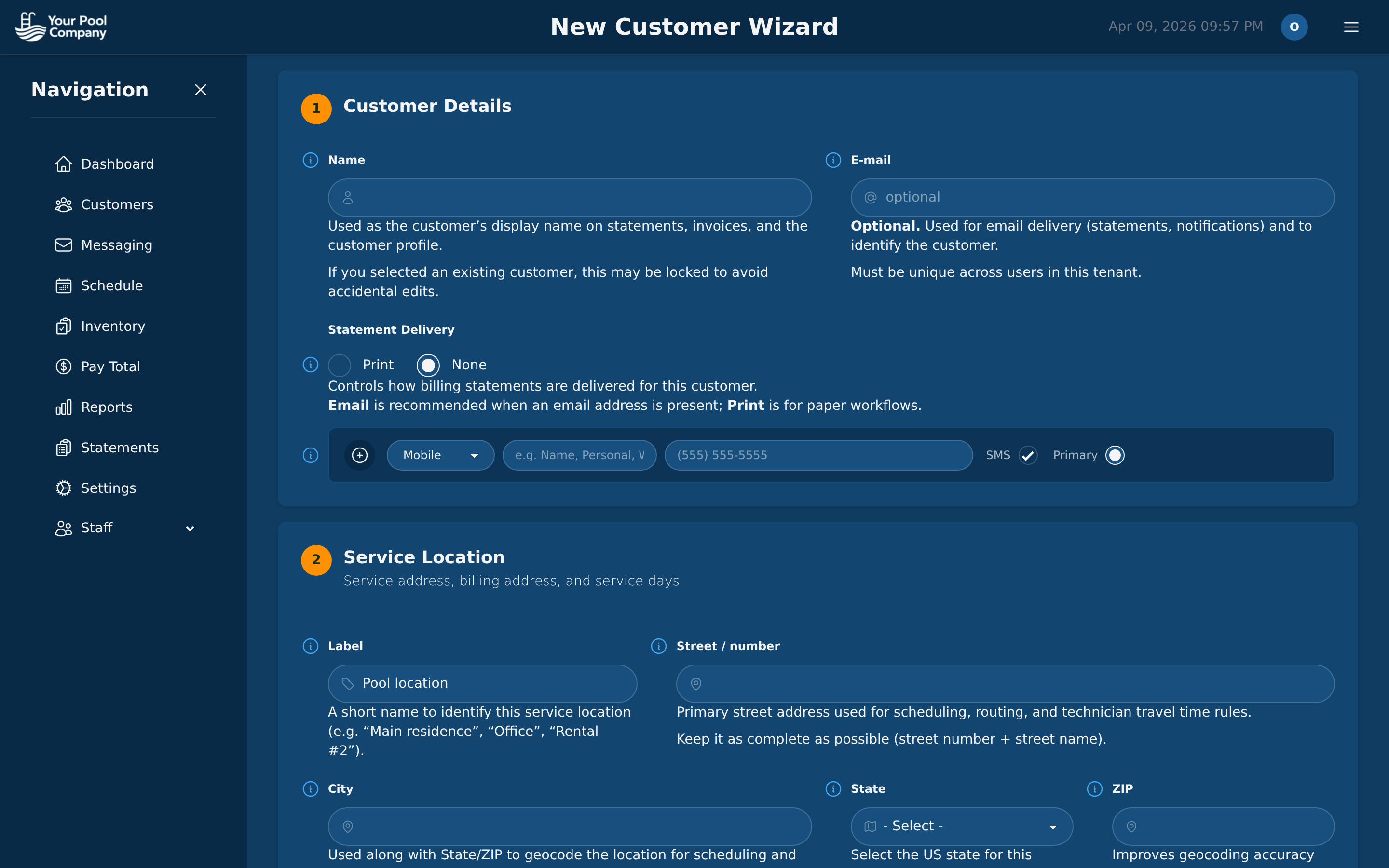 Pool Billing Software subscription configuration wizard with billing frequency and payment gateway selection