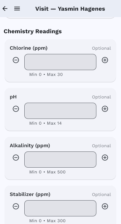 Pool Billing Software field app chemical tracking input screen
