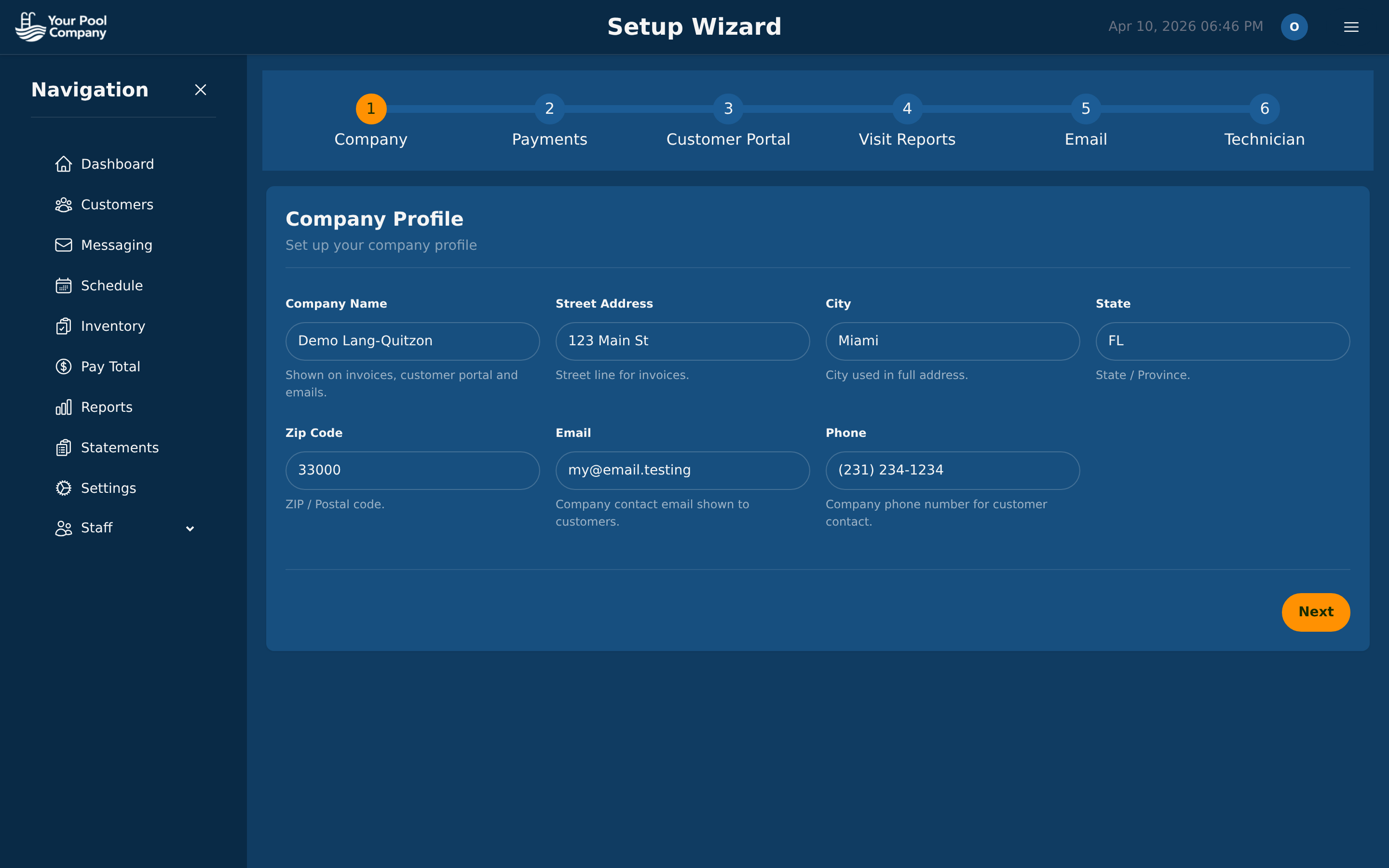 Pool Billing Software setup wizard configuring company profile, payment gateways, and portal branding